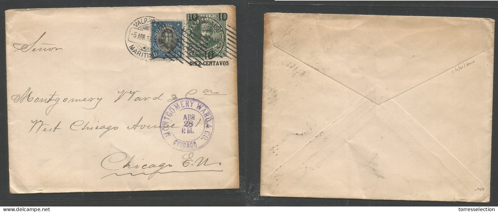 CHILE - Stationery. 1916 (5 Apr) Valparaiso - USA, Chicago, Ill (28 Apr) Ovptd 10c / 2c Green Stat Envelope + Adtl At 20 - Cile