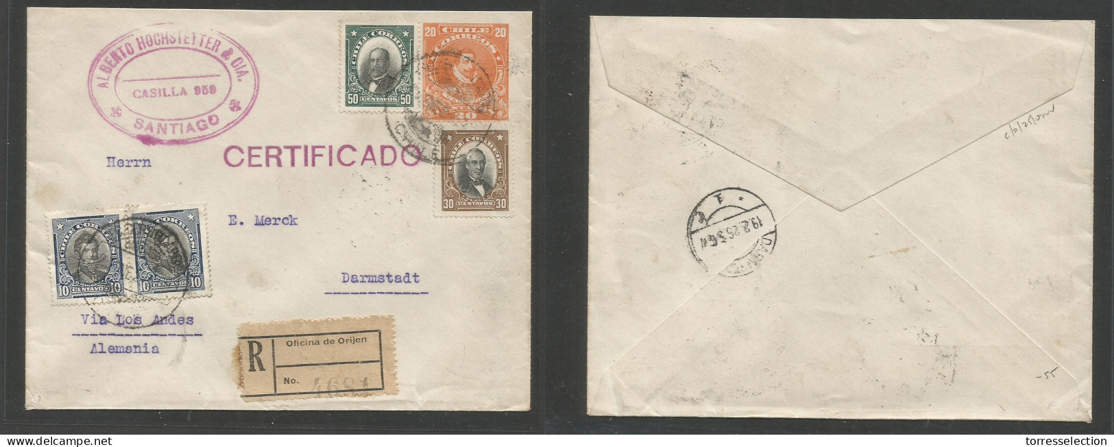 CHILE - Stationery. 1926 (23 Ene) Stgo - Germany, Darmstadt (19 Feb) Via Los Andes. Registered Multifkd 20c Orange Stat  - Cile