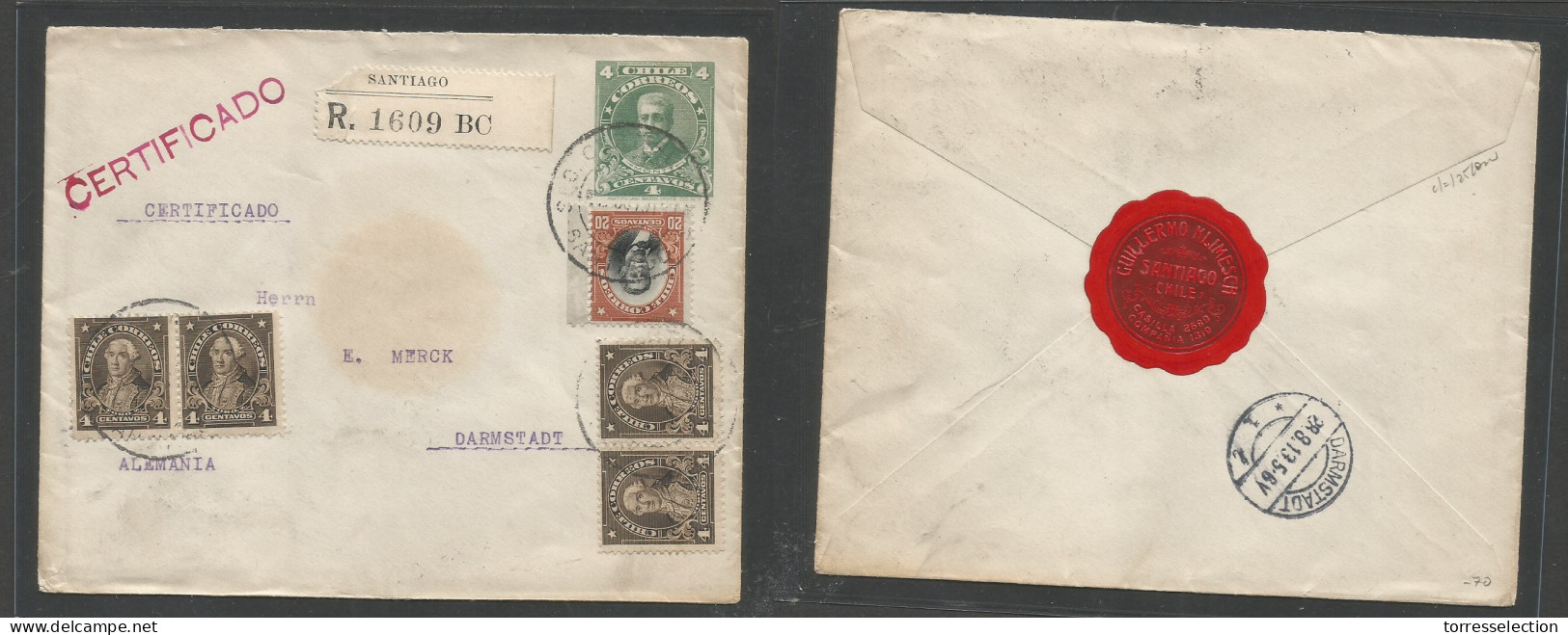 CHILE - Stationery. 1913 (30 July) Santiago - Germany, Darmstadt (28 Aug) Registered Multifkd 4c Green Stat Envelope + 5 - Cile