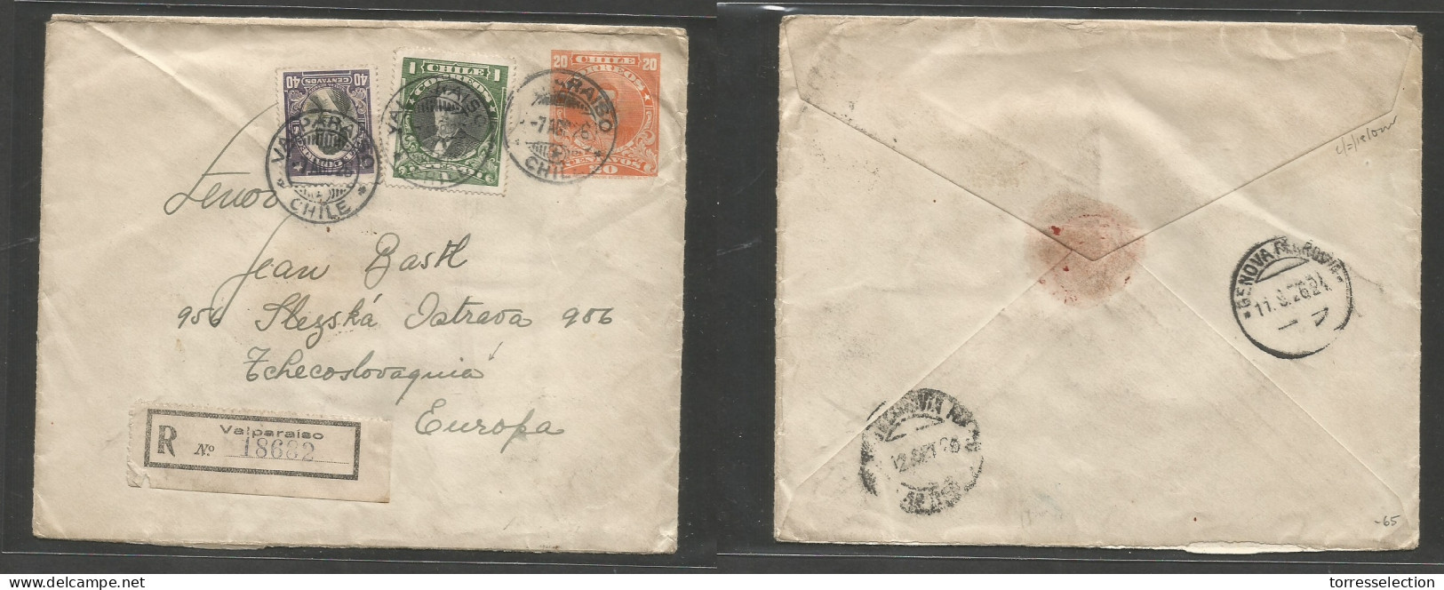 CHILE - Stationery. 1926 (7 Aug) Valparaiso - Czechoslovakia. Registered Multifkd 20c Orange Stat Envelope + 2 Adtls At  - Cile