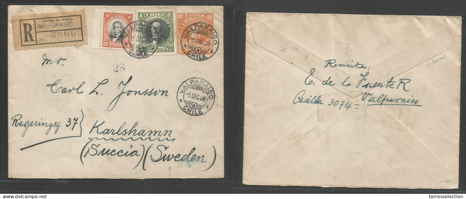 CHILE - Stationery. 1928 (5 Dic) Valparaiso - Sweden, Karlshamn. Registered Multifkd 20c Orange Stat Envelope + 2 Adtls  - Cile