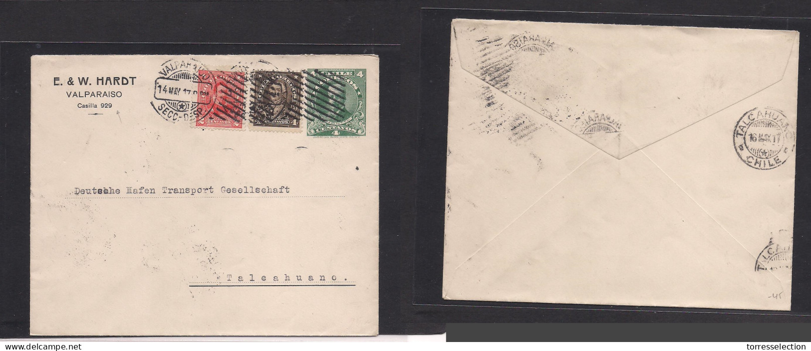 CHILE - Stationery. 1917 (14 May) Valparaiso - Talcahuano. 4c Grey-green Stat Env + 2 Adtls. Ex W. Hardt Private Busines - Chile