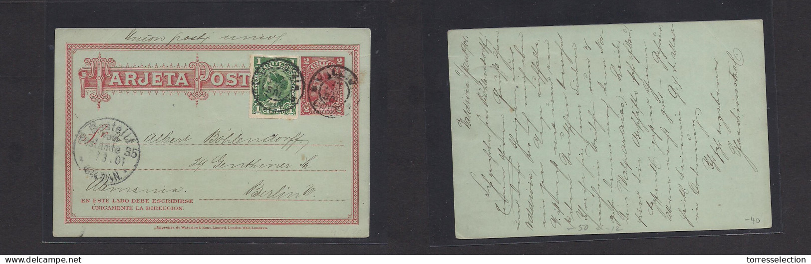 CHILE - Stationery. 1901 (11-13 Ene) Valdivia - Germany, Berlin (2 March) 2c Red/bluish Stat Card + Adtl. UPU Mns Endors - Chile