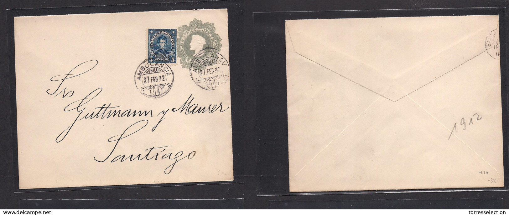 CHILE - Stationery. 1912 (27 Febr) Local Usage To Santiago 5c Grey Stat Env + Adtl, Tied TPO (54). VF. - Chile