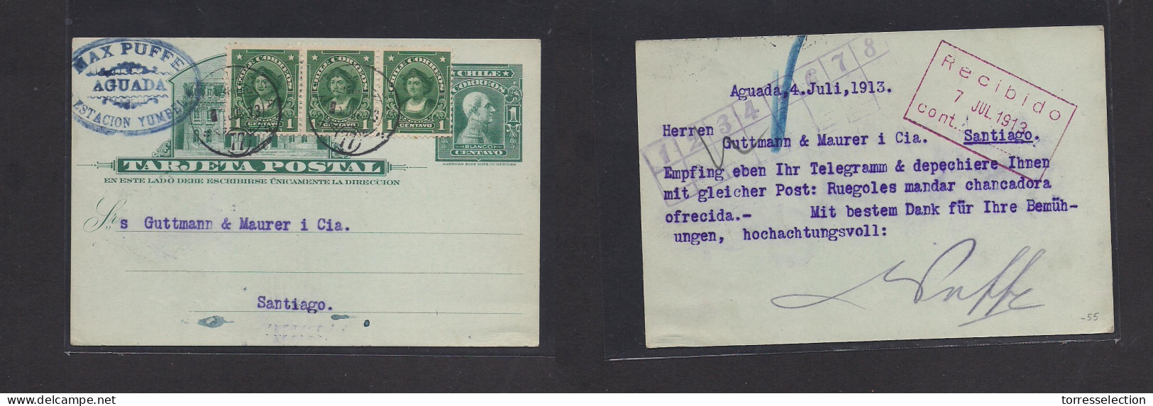 CHILE - Stationery. 1913 (4 July) Aguada, Estacion Yumbel - Santiago 1c Green Illustrated Stat Card + 3 Adtls, TPO (77)  - Chile