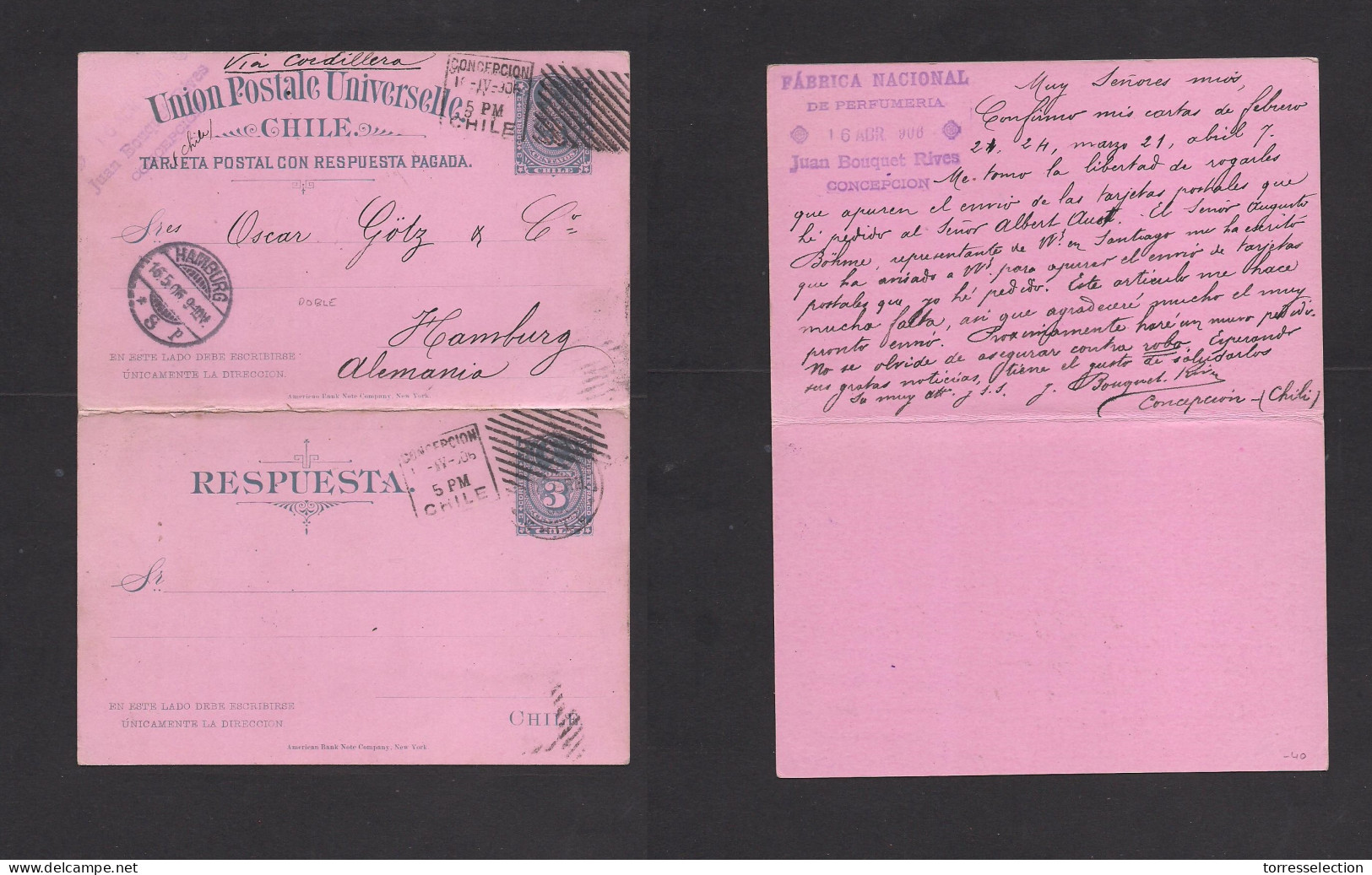 CHILE - Stationery. 1906 (16 Abr) Concepcion - Germany, Hamburg (16 May) 3c Blue / Pink Doble Stat Card Used On Way Out. - Chile