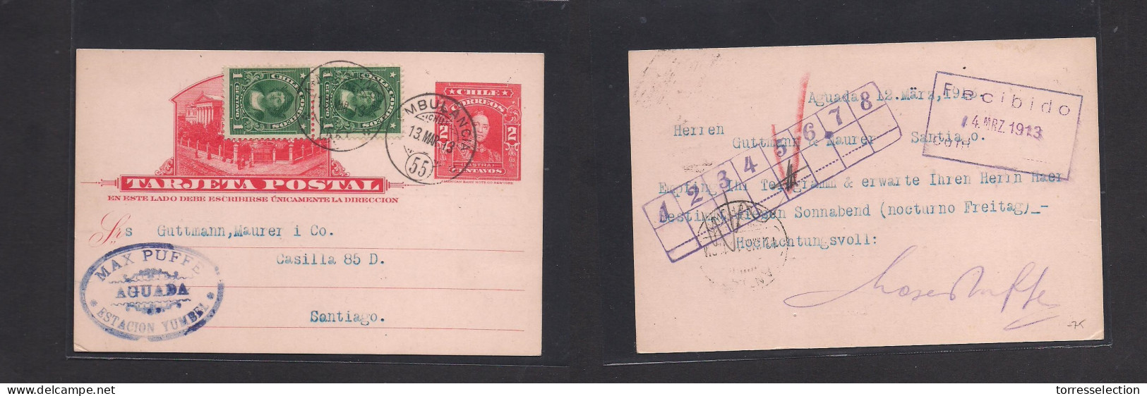 CHILE - Stationery. 1913 (13 March) Aguada, Eastacion Yumbel - Santiago 2c Red Illustrated Stat Card + 2 Adtls. TPO (55) - Chile