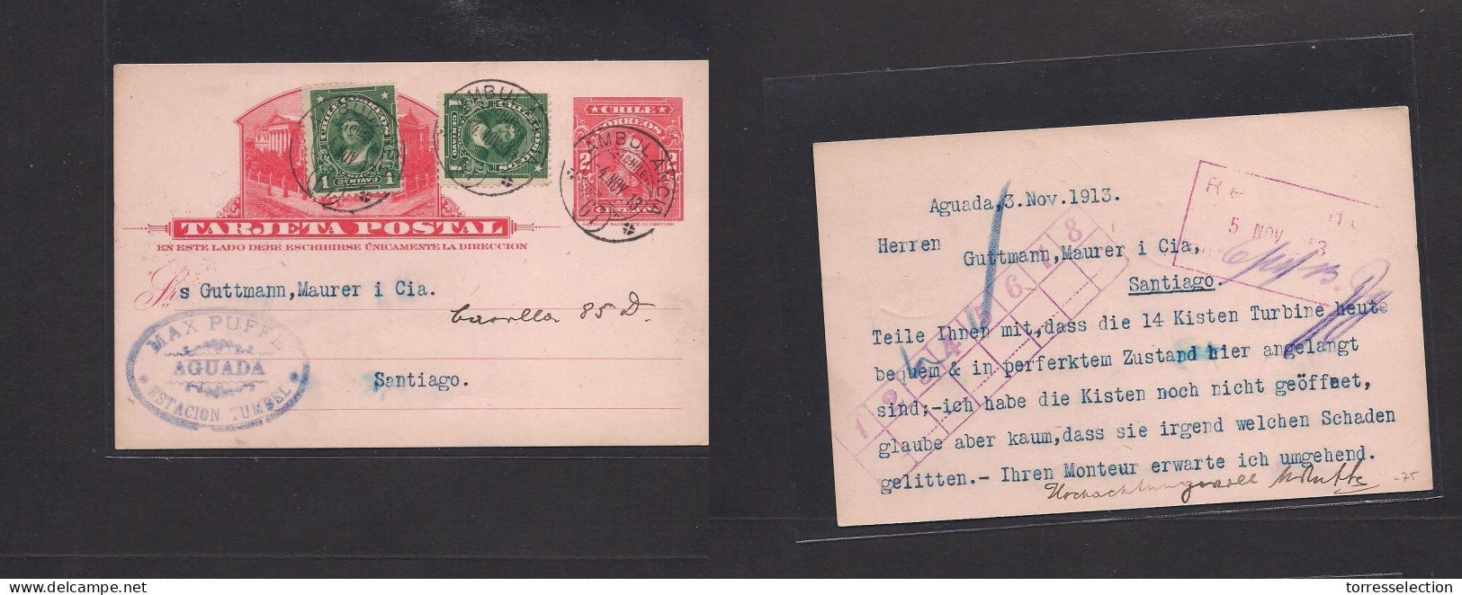 CHILE - Stationery. 1913 (4 Nov) Aguada, Estacion Yumbel - Santiago. 2c Red Illustrated Stat Card + 2 Adtls, TP (67) Can - Chile