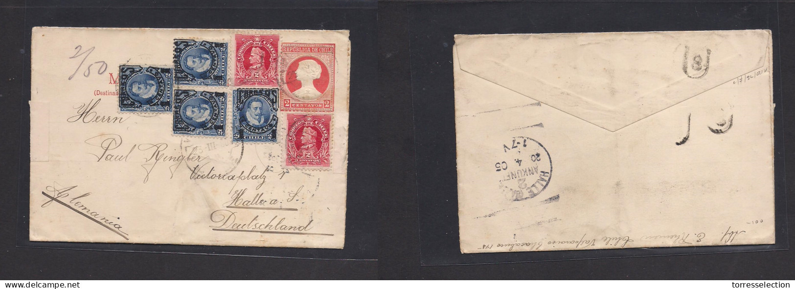 CHILE - Stationery. 1905. Valparaiso - Germany, Halle (20 April) 2c Red Stat Lettersheet + 5 Adtls Tied Cds. Fine Franki - Chile