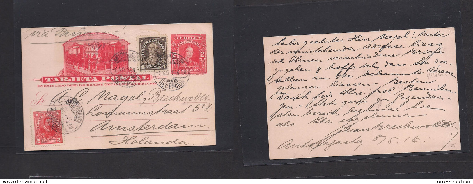 CHILE - Stationery. 1913 (8 May) Antofagasta - Netherlands, Amsterdam. 2c Red Illustr Stat Card + 2 Adtls, Tied Cds. Via - Chile