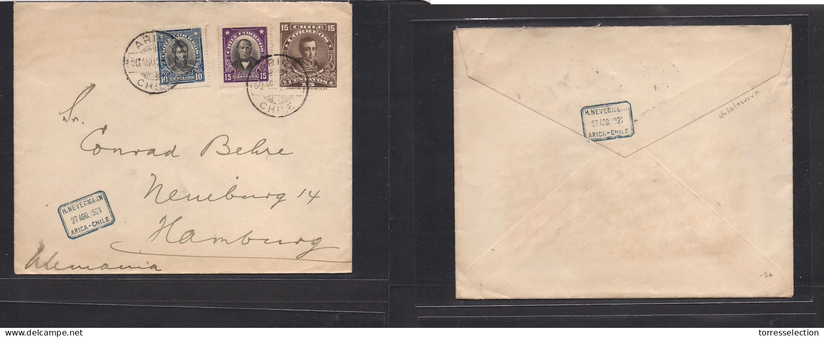 CHILE - Stationery. 1921 (30 Aug) Arica - Germany. 15c Brown + Adtls Stat Env. VF. - Chile