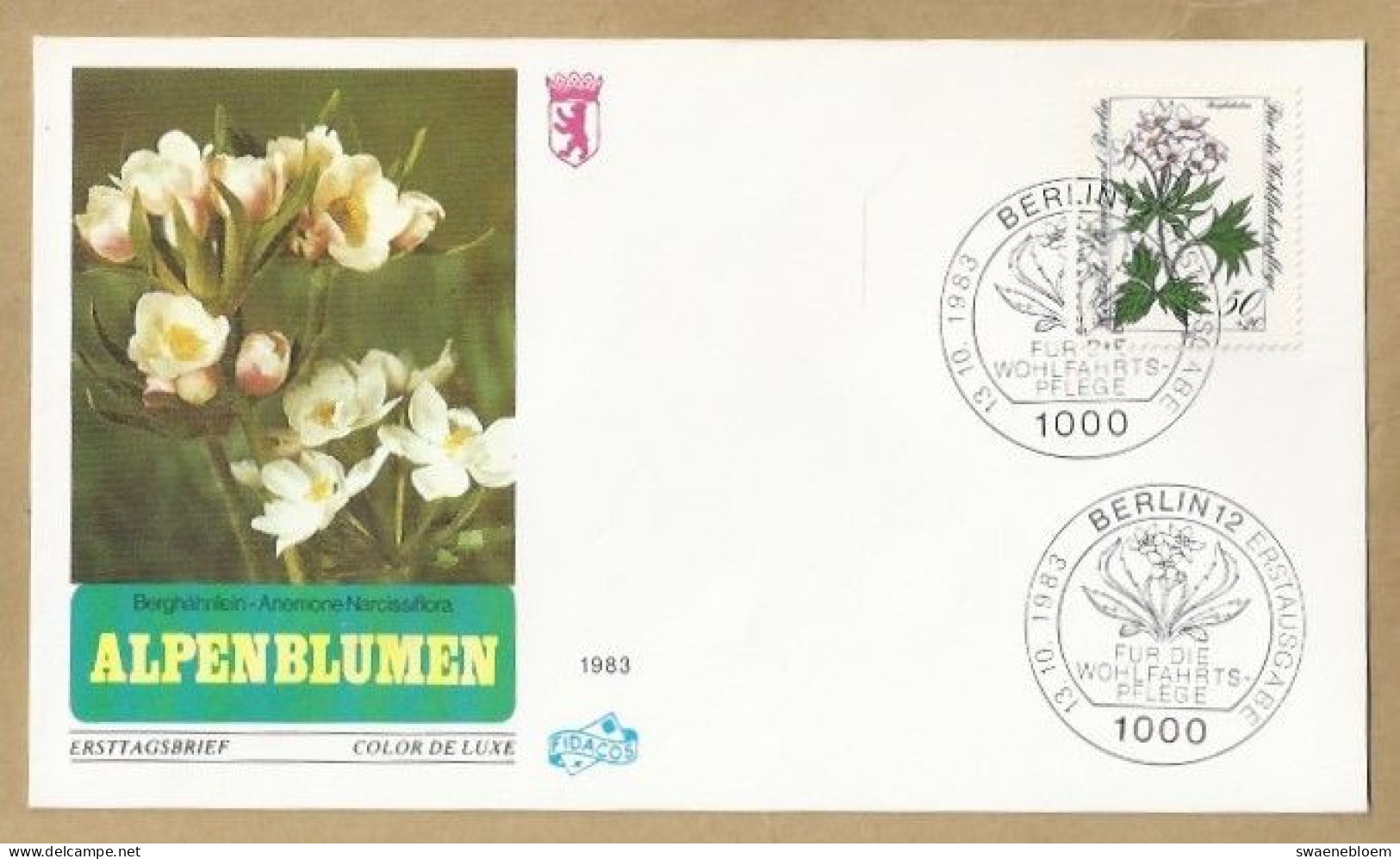 DE.- ERSTTAGSBRIEF. BERGHAHNLEIN-ANEMONE-NARCISSIFLORA. ERSTAUSGABE 13.10.1983. BERLIN 12. FDC - 1981-1990