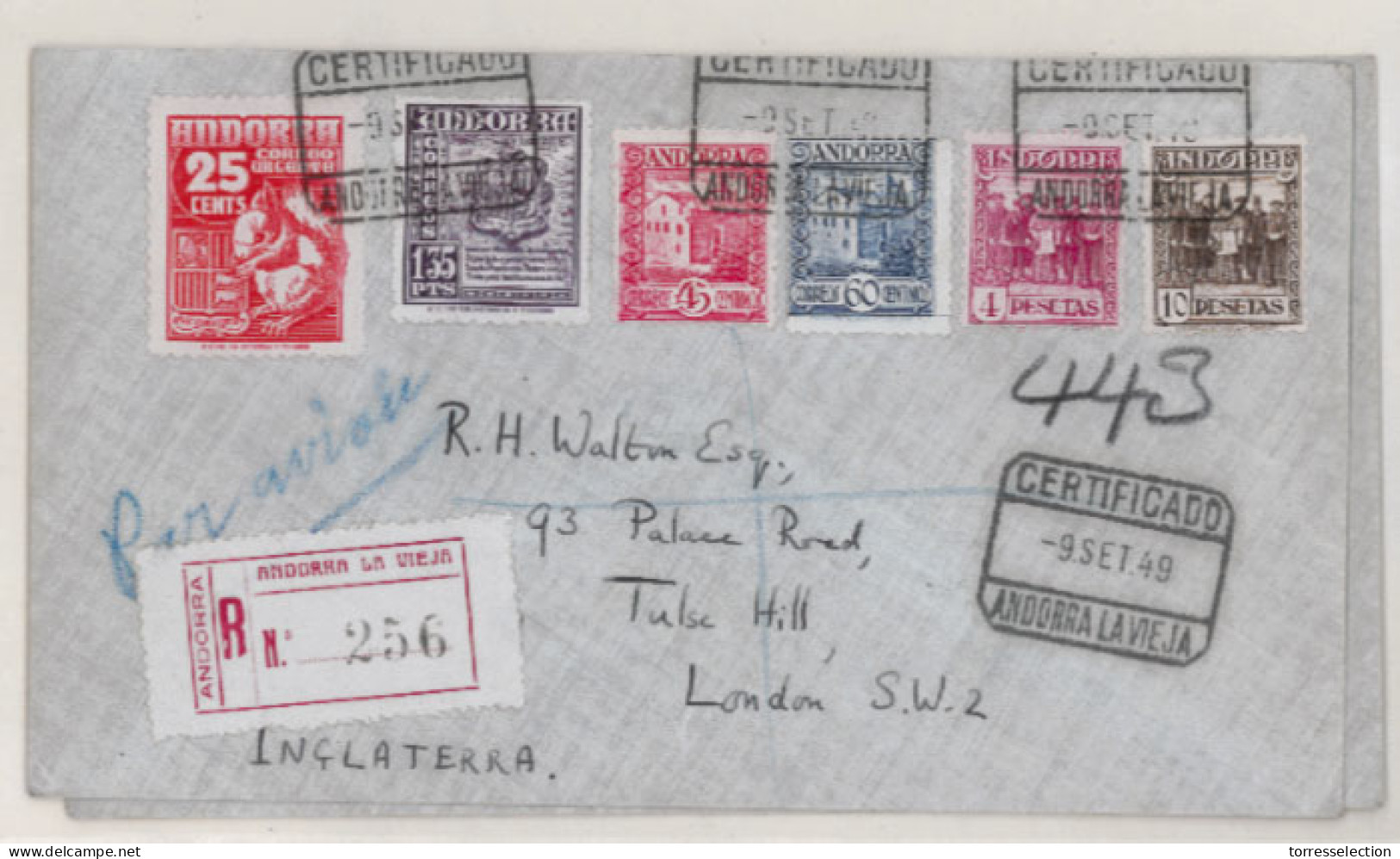 ANDORRA. 1949. (2 Sept). A. La Vieja To London. 2 Registered Letters Each Franked With 6 Stamps Each (E.38,40,42,43,57,5 - Autres & Non Classés