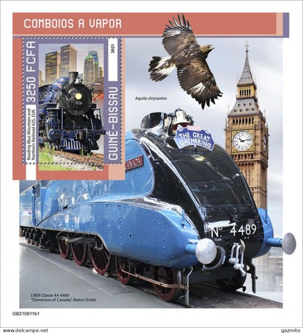 Guinea Bissau 2021, Steam Trains I, Eagle, Clock, BF - Uhrmacherei