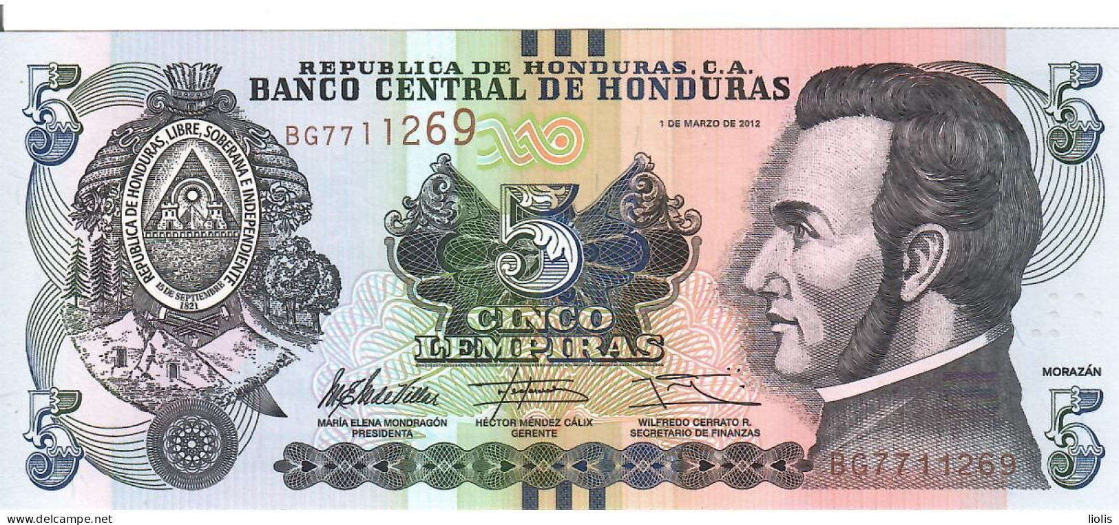 Honduras P-98  5 Lempiras  2012  UNC - Honduras