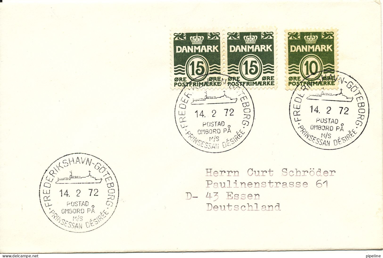 Denmark Ship Cover Special Cancel Frederikshavn - Göteborg Prinsessan Desiree 14-2-1972 Posted Onboard Sent To Germany - Covers & Documents