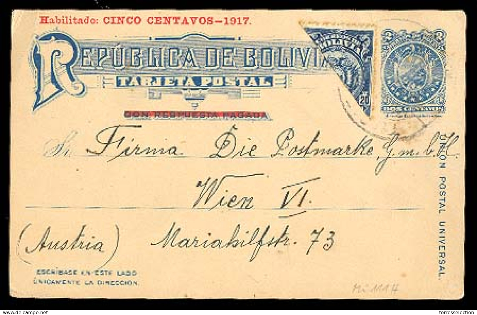 BOLIVIA. 1917. Stationery Card. Ovptd.+ Adtl. Bisected To Austria. Tied. Superb. Tupiza. - Bolivie