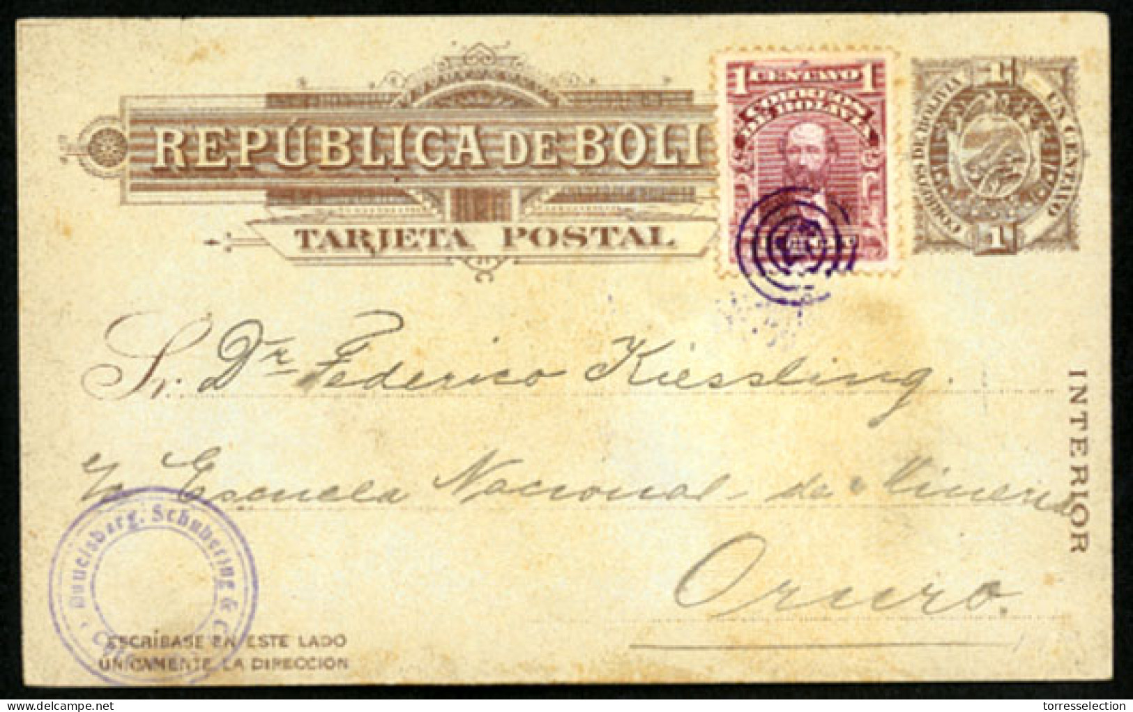 BOLIVIA. 1912. Stationery Card + Adtl. To Ouro. VF. - Bolivie