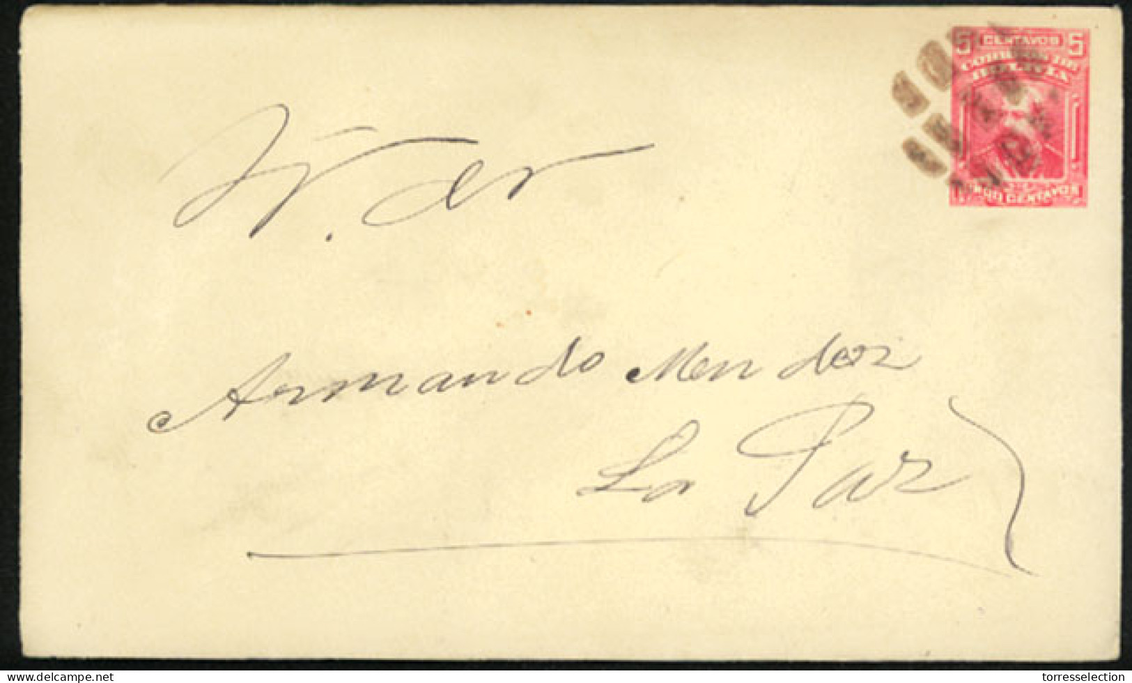 BOLIVIA. 1904. 5c.red Stationery Envelope. Cork Cancel. VF. - Bolivie