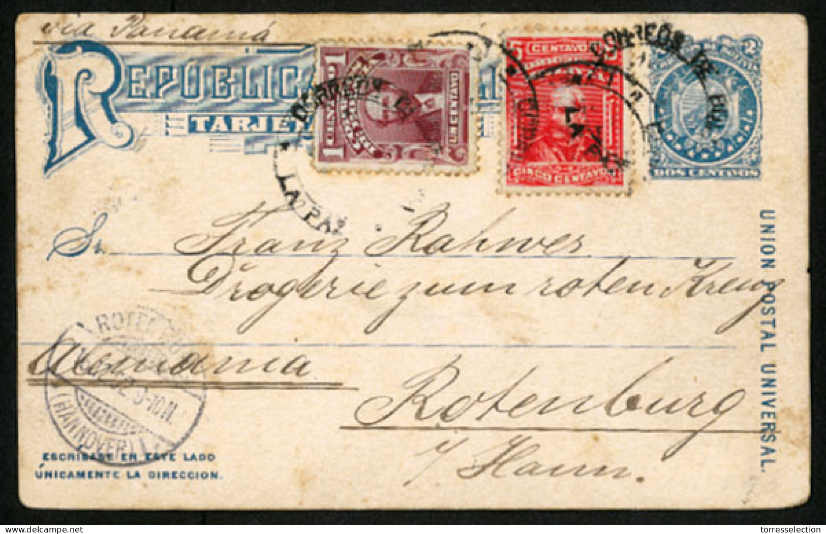 BOLIVIA. 1902. La Paz Stationery Card + Adtl. To Germany. Via Panama. VF. - Bolivie