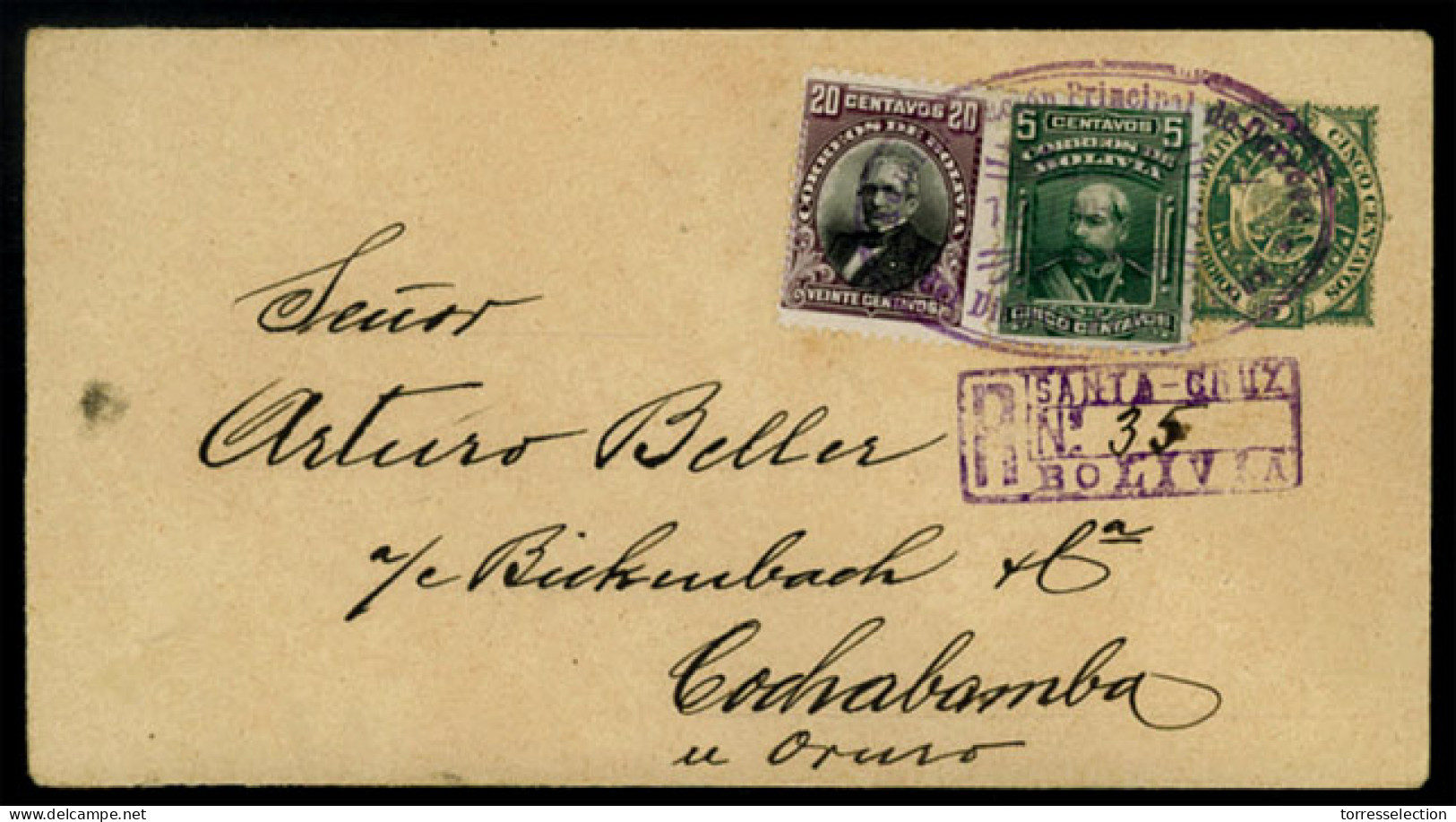 BOLIVIA. BOLIVIA. 1916 (Jan 12). 5c Green Stationery Envelope Sent Registered To Cochabamba Up-rated With 1901 20c Viole - Bolivie