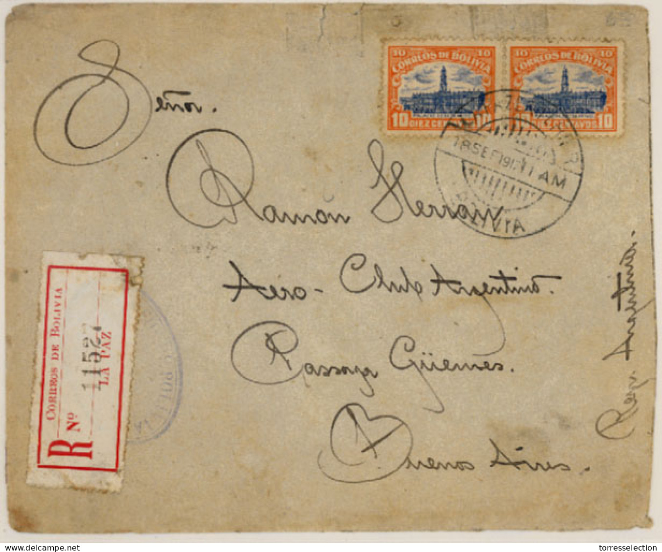 BOLIVIA. 1917. La Paz To Argentina. Registered Env.frkd.pair. - Bolivie