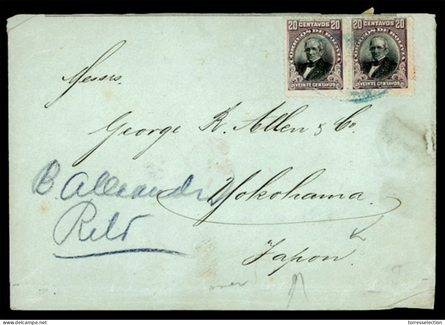 BOLIVIA. BOLIVIA-JAPAN. C.1902 Cover To Yokohama, JAPAN Franked By Two 1901 20c Violet And Black Tied By Oval Handstamp  - Bolivie