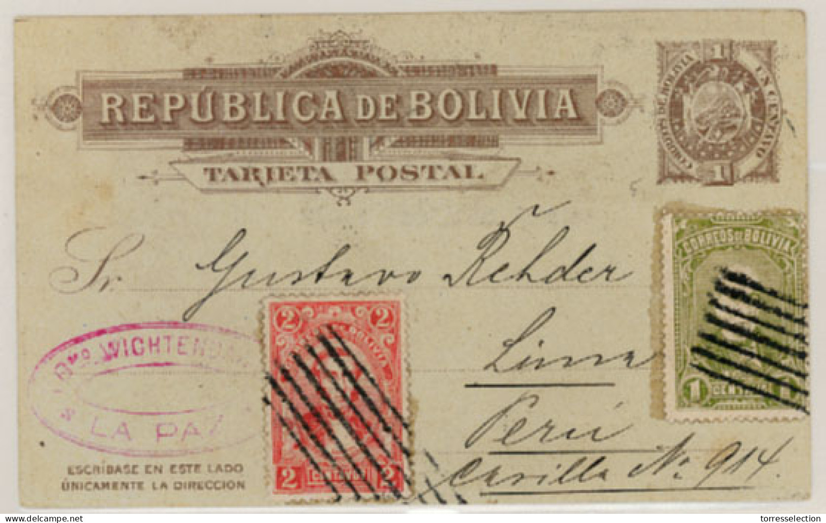 BOLIVIA. 1890. La Paz To Lima, Peru. Stationery Card Plus Additionals. VF. - Bolivien