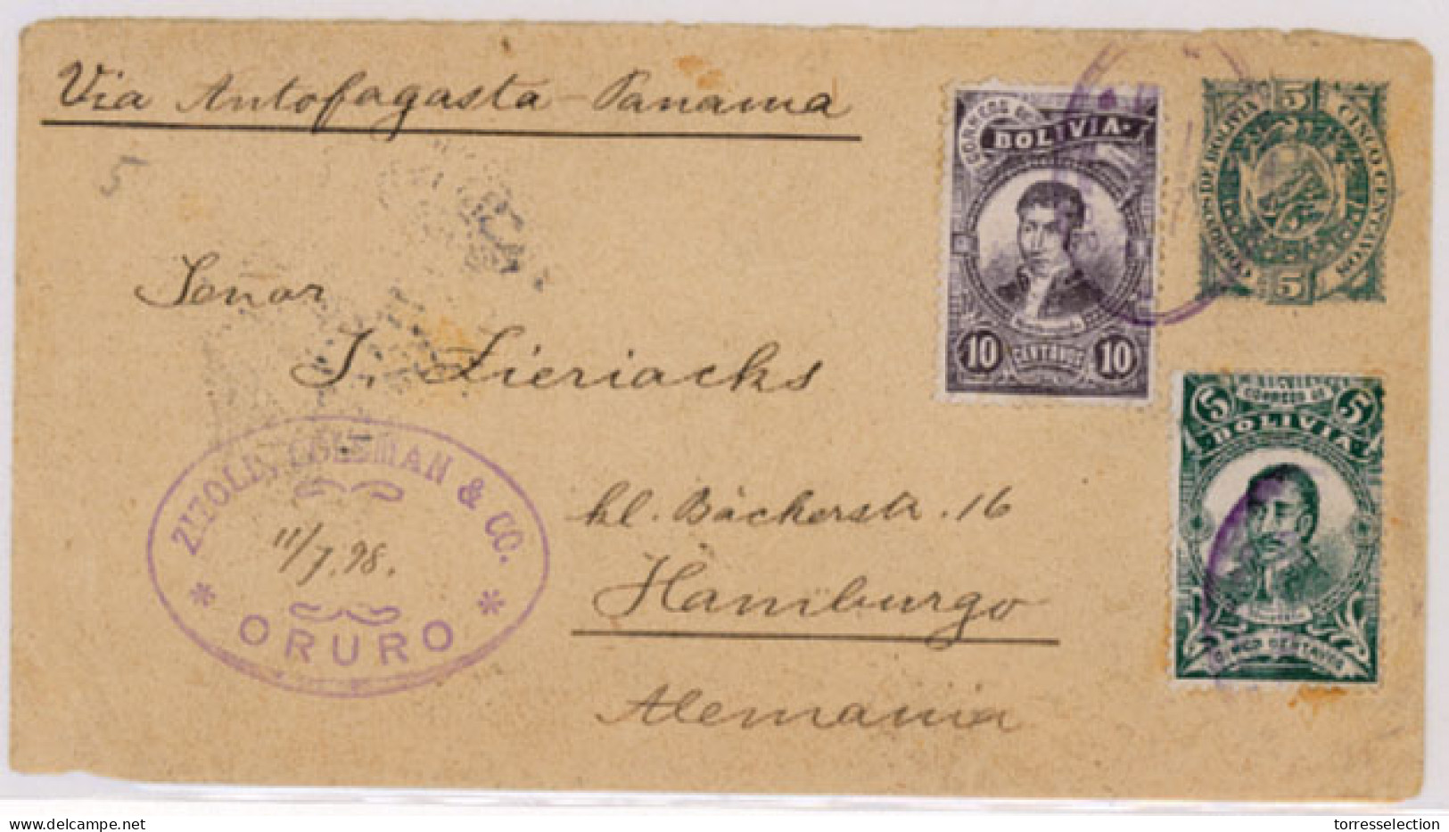 BOLIVIA. 1898(July 11th). 5c Green On Buff Stationery Cover To Hamburg, Endorsed 'Via Antofagusta & Panama' Up-rated Wit - Bolivie