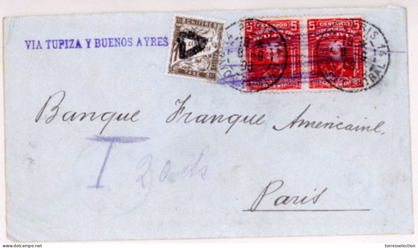 BOLIVIA. 1908(Aug 14th). Cover To Paris From Oruro Franked By 1901 5c Scarlet Pairs, One On Front And One Pair On The Re - Bolivie