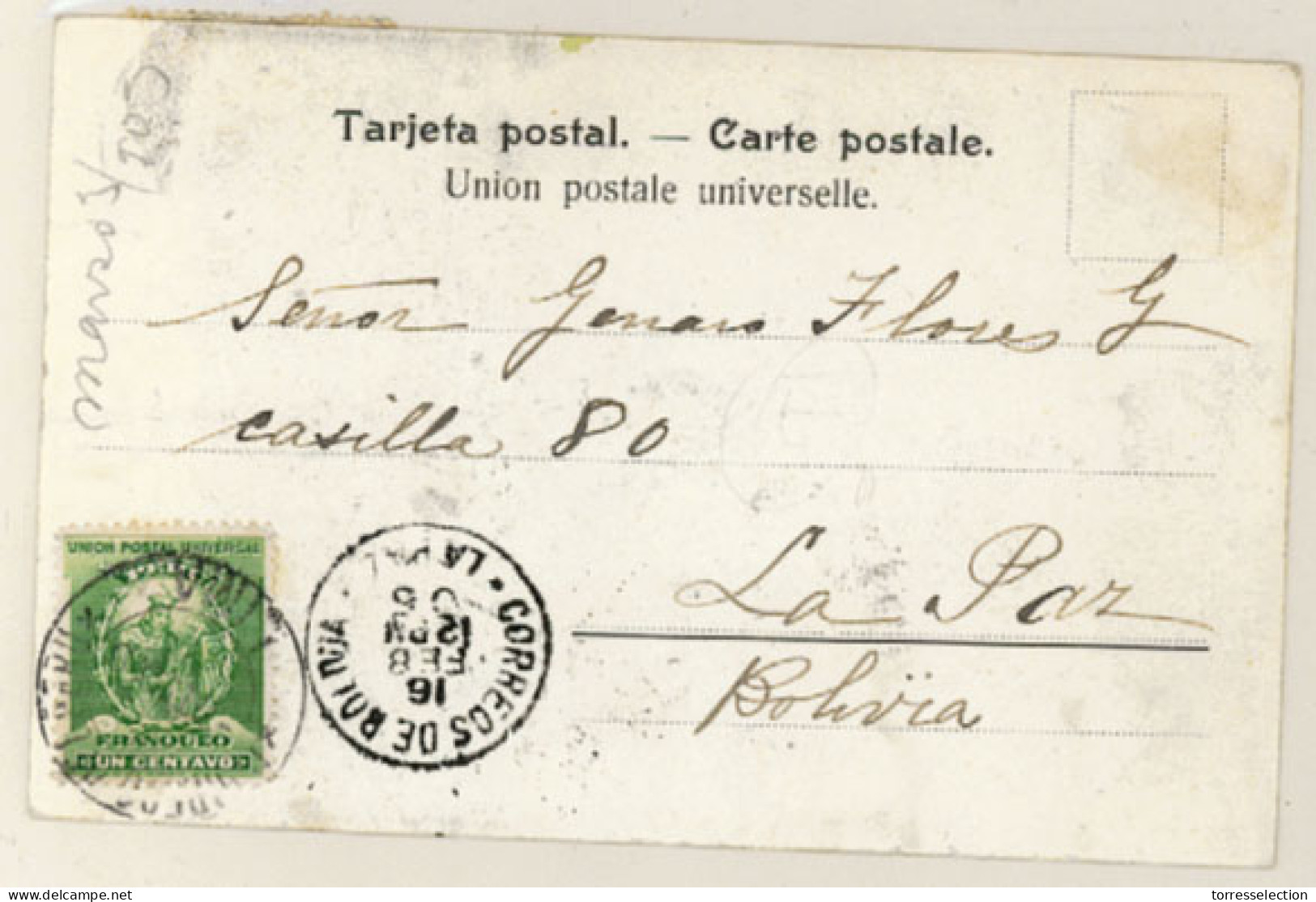 BOLIVIA. 1905. Lima/Peru To La Paz. Arrival C.d.s. On Front. - Bolivie