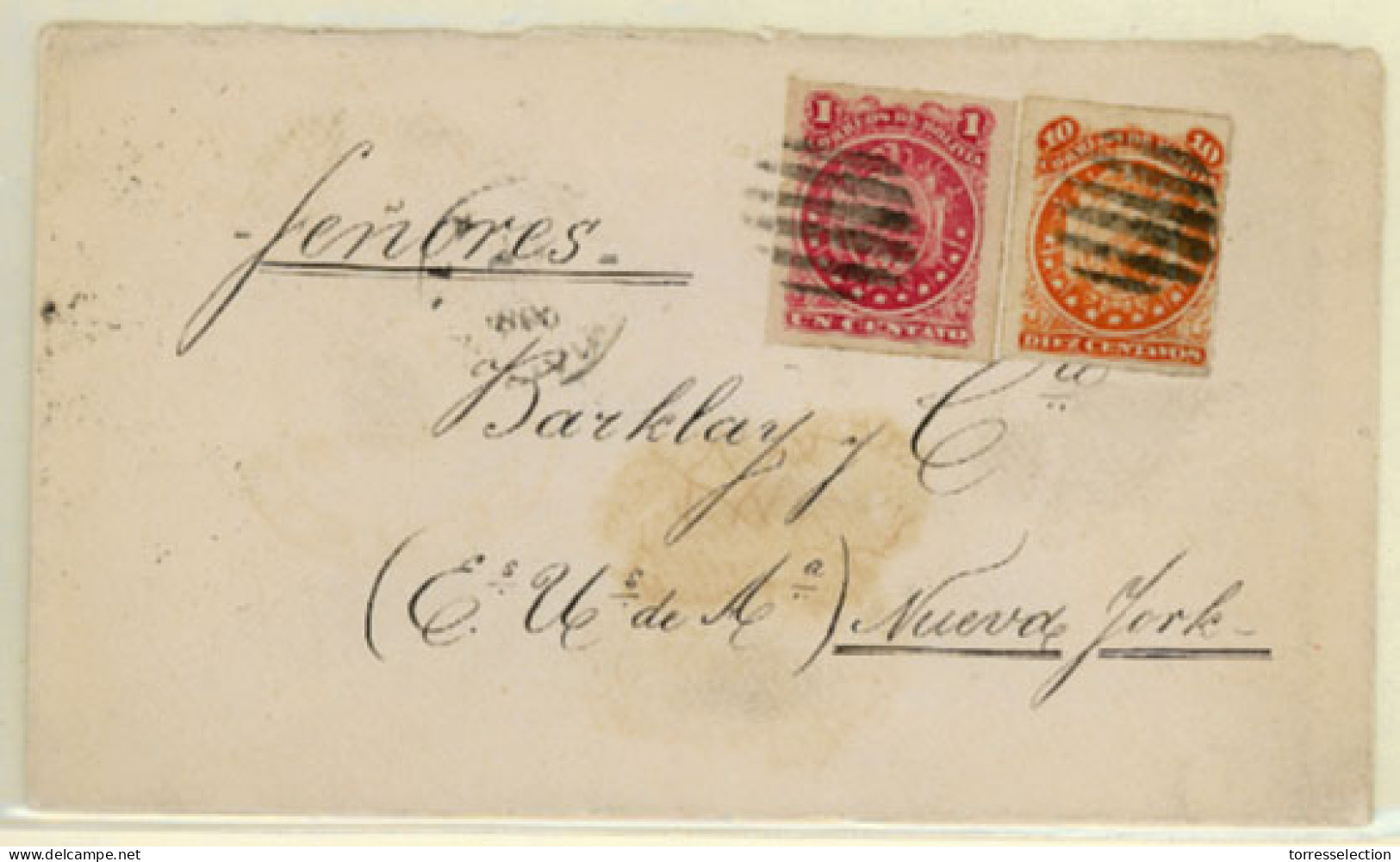 BOLIVIA. 1890(June). Cover To New York Franked By Rouletted 1887 1c Rose Red And 10c Orange Tied By Black Barred Cancels - Bolivie
