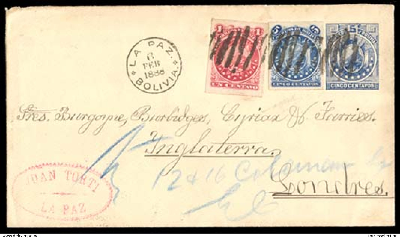 BOLIVIA. 1888 (6 Feb.). La Paz To London / UK. 5c Blue Stationery Envelope + 2adhl 5c Blue + 1c Red (both 11 Stars) Roul - Bolivie