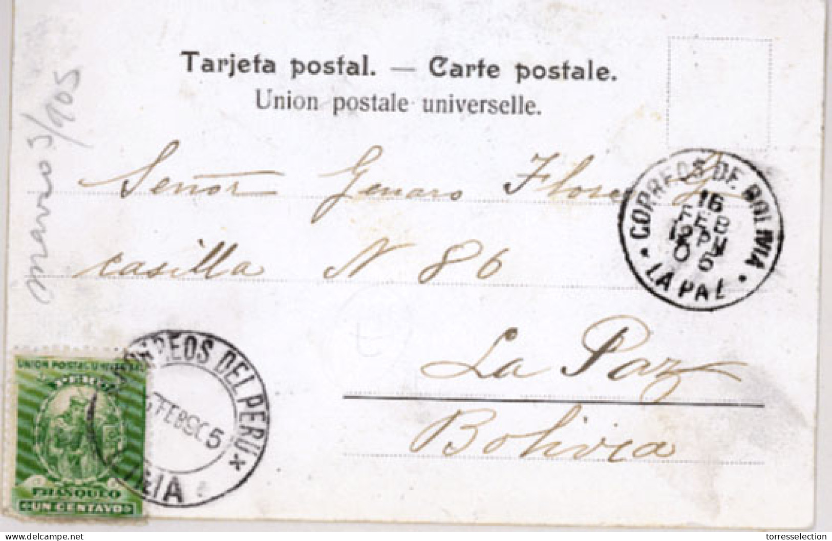 BOLIVIA. 1905. Lima/Peru To La Paz. Arrival C.d.s. On Front. (***) - Bolivie