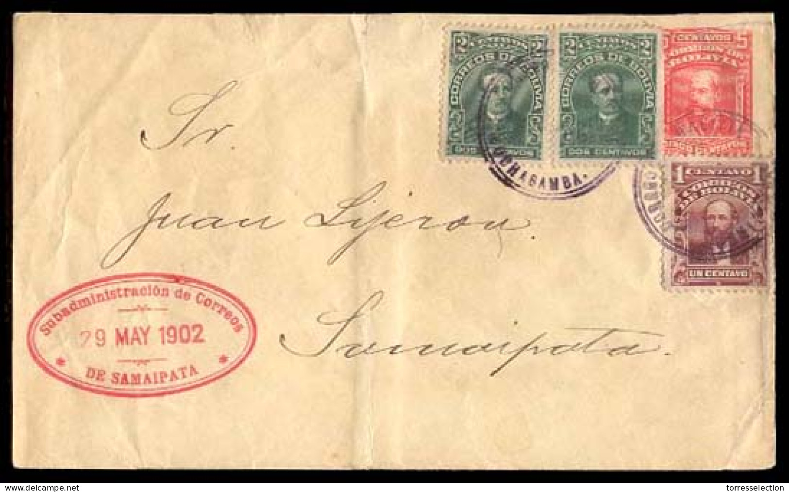 BOLIVIA. 1902(29 May). Cochabamba To Samaipasa. 5c Red Stat.envelope+3 Adtls, Lilac Cancel, Oval Red Ds Oval Alongside.  - Bolivie