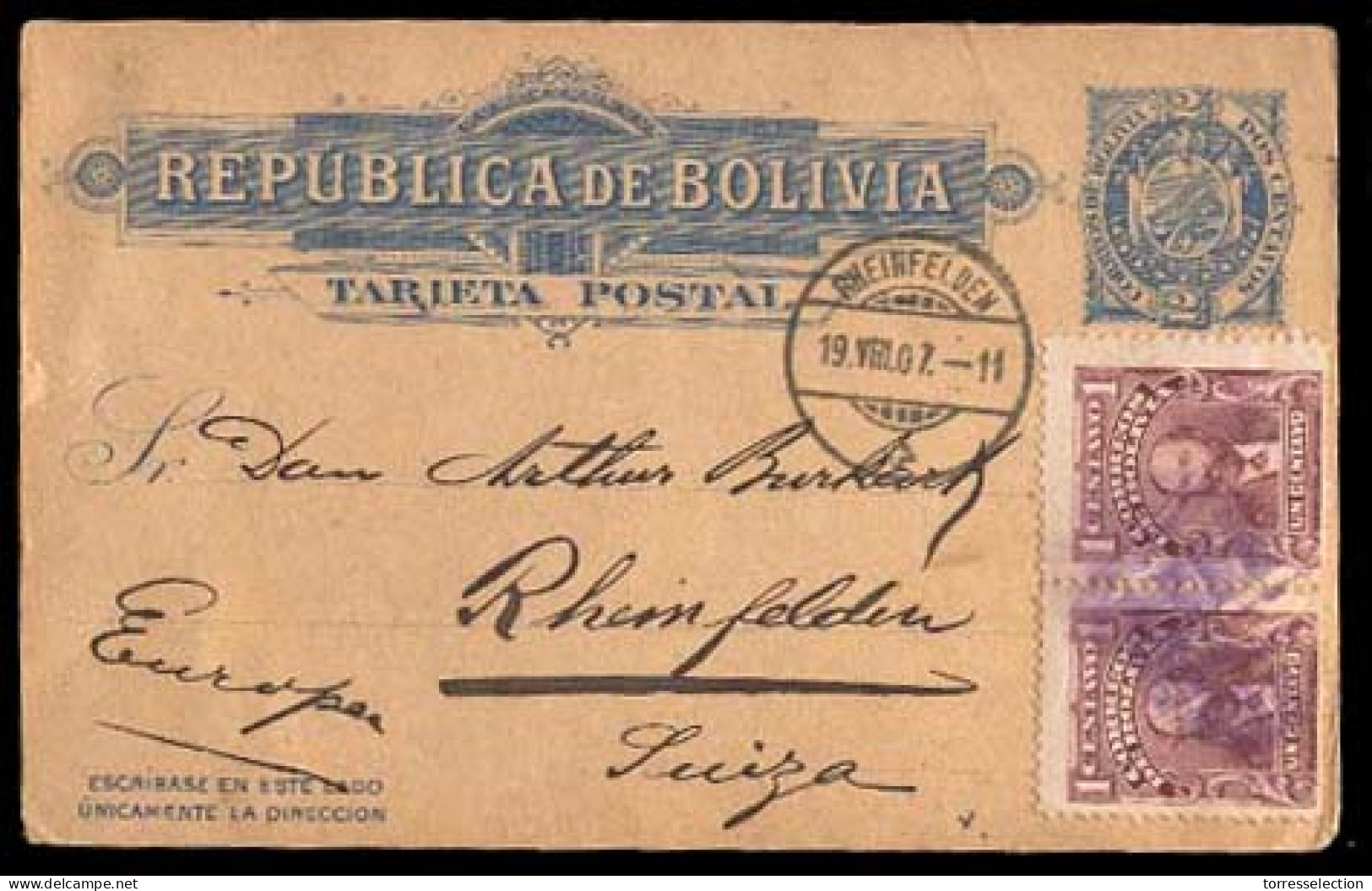 BOLIVIA. 1907(25 June). Sta.Cruz To Rheinfelden/Switzerland (19 Aug). 2c.blue/cream Stat.card+2 Adts Cancelled Lilac. St - Bolivie