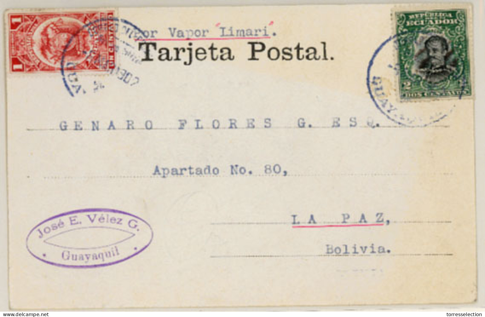 BOLIVIA. 1907. Ecuador To La Paz Via "Vapor Limaer". Most Unusual  Incoming Mail Item. - Bolivie