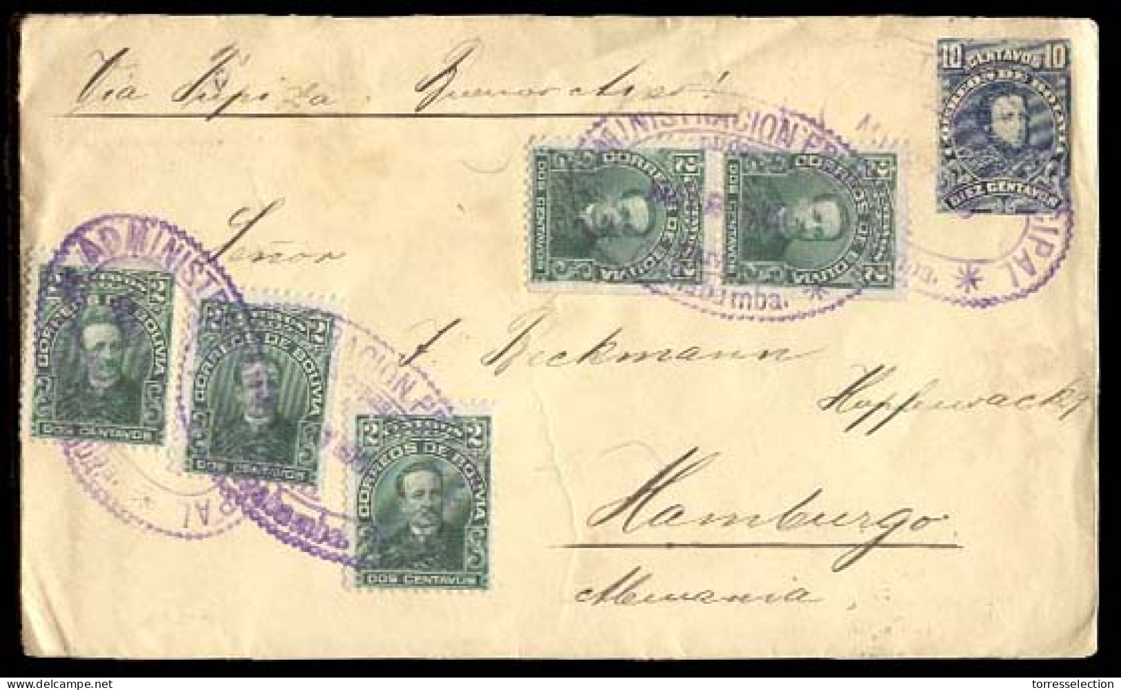 BOLIVIA. 1903(May 27). Cochabamba To Germany (9 July). Via Tupiza And Buenos Aires.10c Blue/cream Stat.envelope + 5 Adts - Bolivie