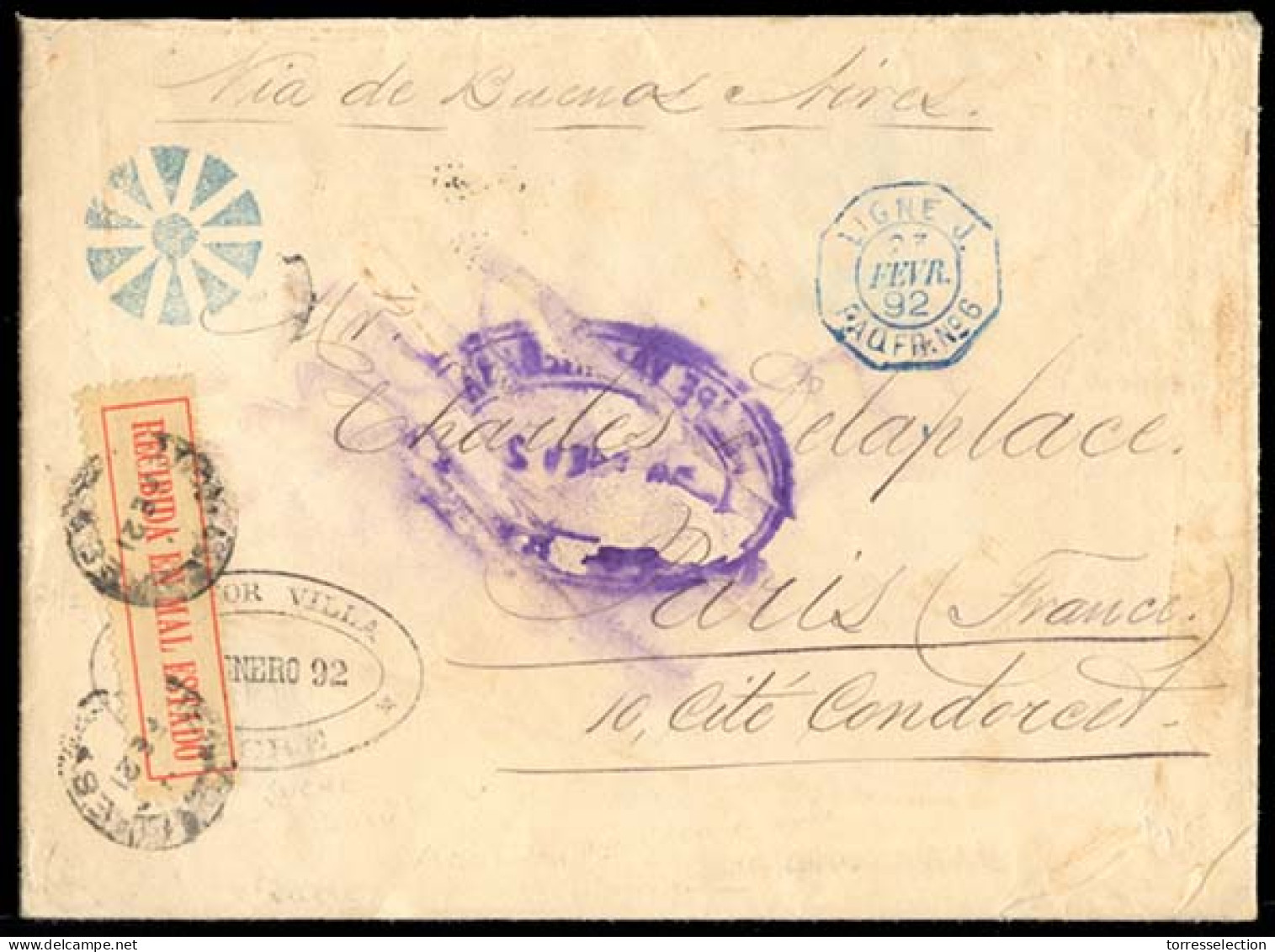 BOLIVIA. 1892 (Jan). Sucre To France. Envelope With Stamps Seemingly Lost In Transit With, In Buenos Aires, Added RECIBI - Bolivie