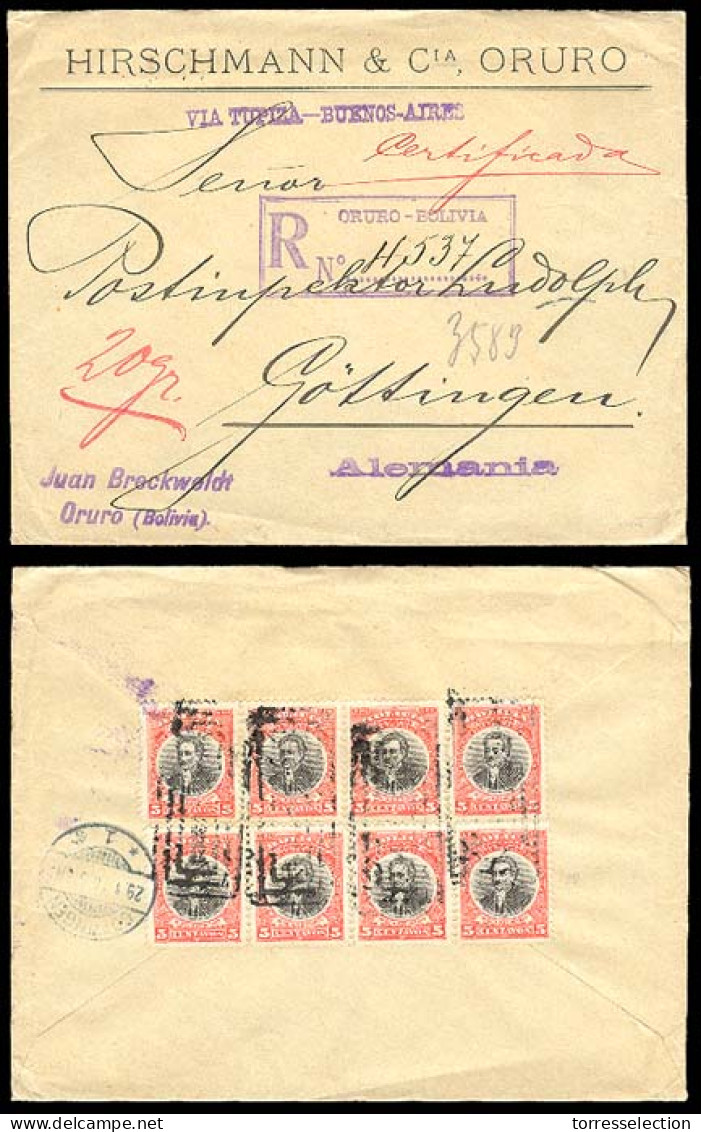 BOLIVIA. 1910. Sc .84º Oruro To Germany. Registered Env.franked Block 5cx5 On Reverse, Tied Box+cds. - Bolivie