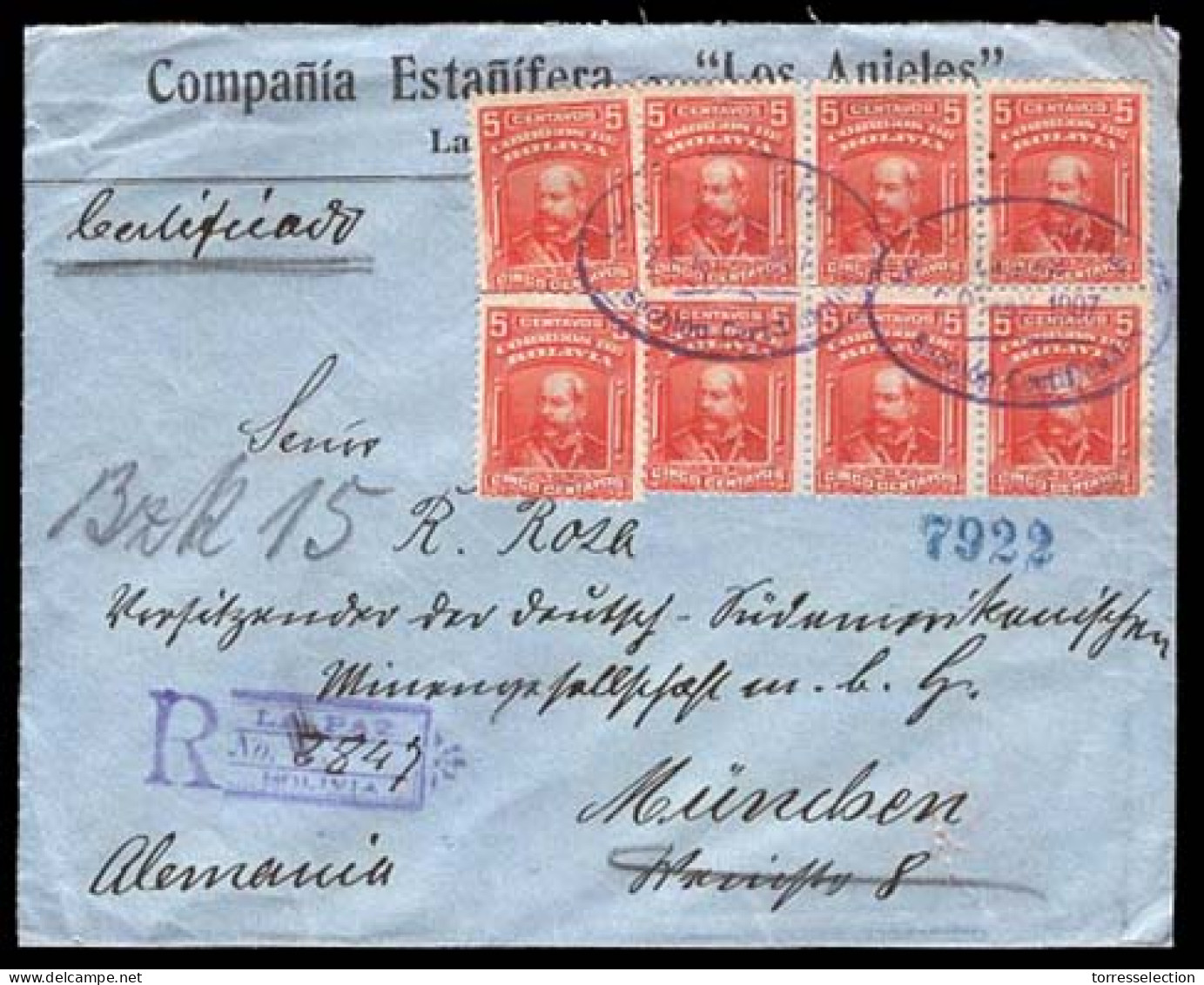 BOLIVIA. 1907(29 May). Sc.73 º(8). La Paz To Germany (2 Aug). Registered Envelpoe Franked 5c Red X 2 Blocks Of 4 (x8), T - Bolivie