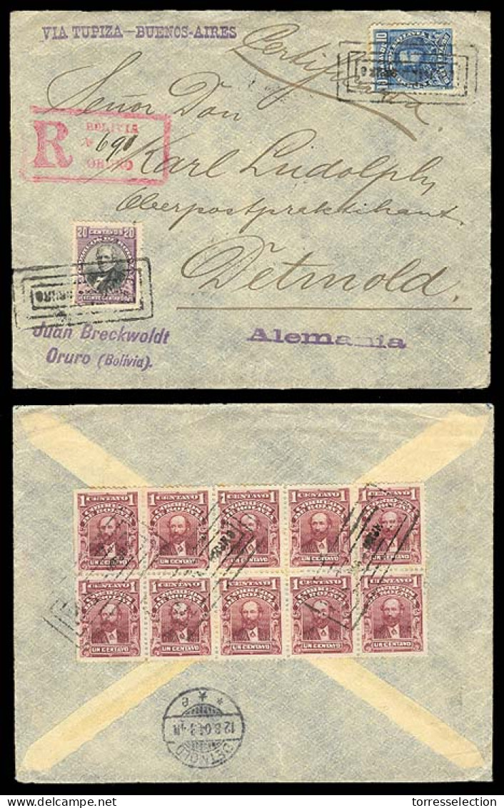 BOLIVIA. 1904. Oruro To Germany (12 Aug). Registered Multicolor (+ Block Of 10x1c On Reverse) Tied Multiboxed Town Name+ - Bolivie