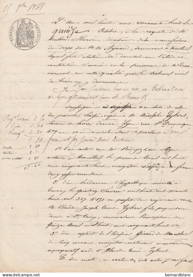 VP 1 FEUILLE - 1868 - MONTLUEL - LYON - ST CROIX - Manuscripts