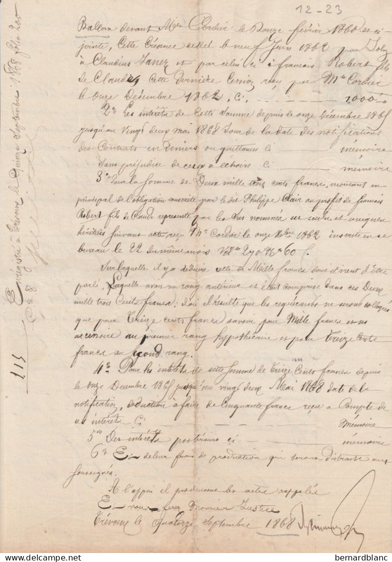VP 1 FEUILLE - 1868 - DAGNEUX - MONTLUEL - BEYNOST - BALLAN - Manuscrits