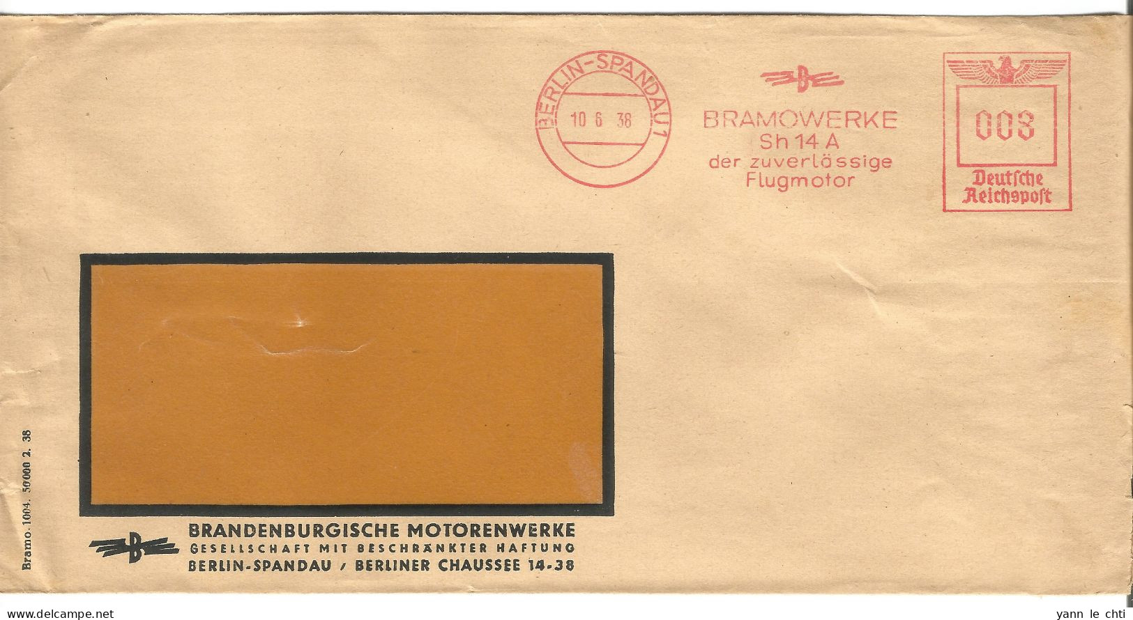 Brief  Berlin 1938 Freistempel   Bramowerke Brandenburgische Motorenwerke  Deutsche Reichspost   8 Pfg  EMA - Macchine Per Obliterare (EMA)