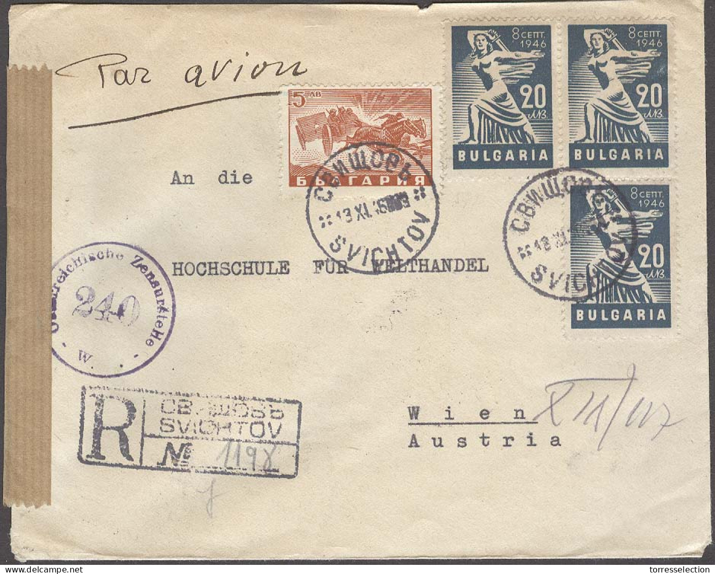 BULGARIA. 1946 (13 Nov). Svichtov - Austria / Wien (27 Nov). Reg Air Multifkd Censored Env. 2 Weeks Transit Held For Dep - Altri & Non Classificati