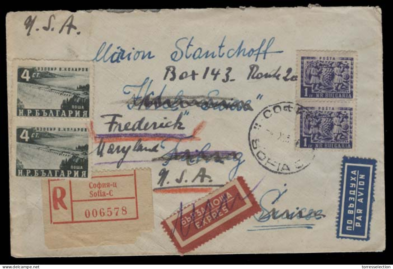 BULGARIA. 1953 (4 Nov). Sofia - USA (7 Dec), Fwded From Switzerland. Reg Air Express Multifkd Env. Via Switzerland (18 N - Altri & Non Classificati