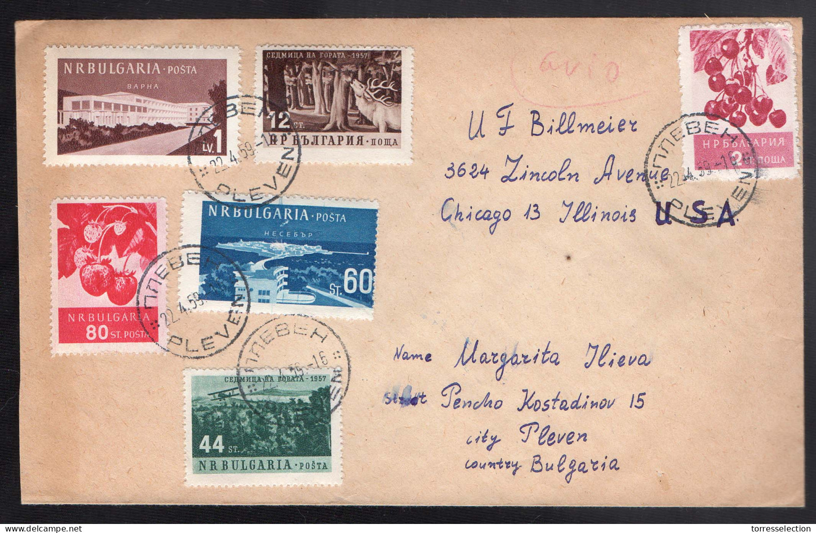 BULGARIA. 1959 (22 April). Prewen - USA / Chicago. Air Multifkd Env. VF. - Altri & Non Classificati