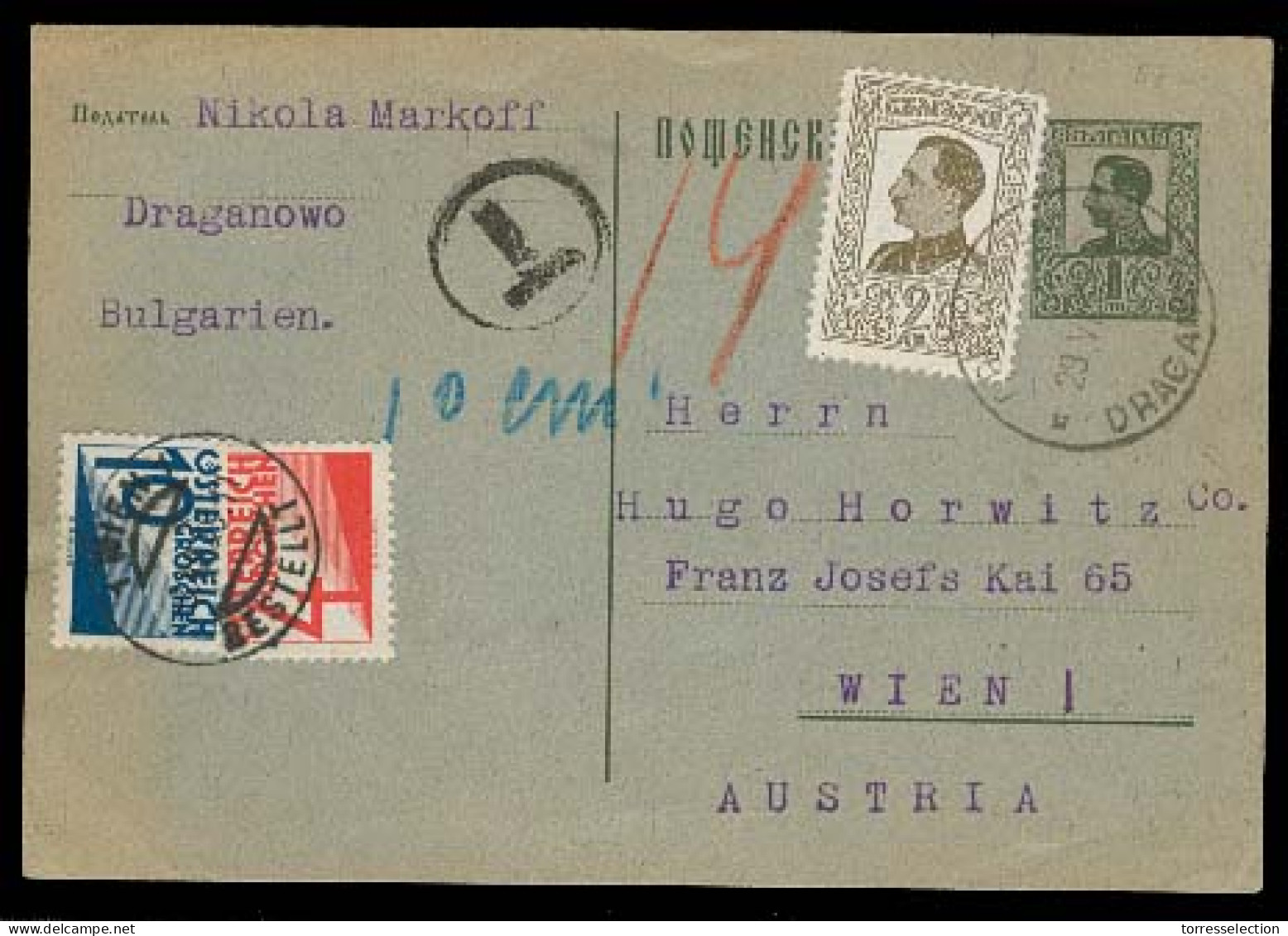 BULGARIA. 1928 (29 June). Draganowo - Austria. 1l Green Stat Card + Adtl + Taxed + 2 Austrian Postage Dues Tied. VF Cond - Altri & Non Classificati