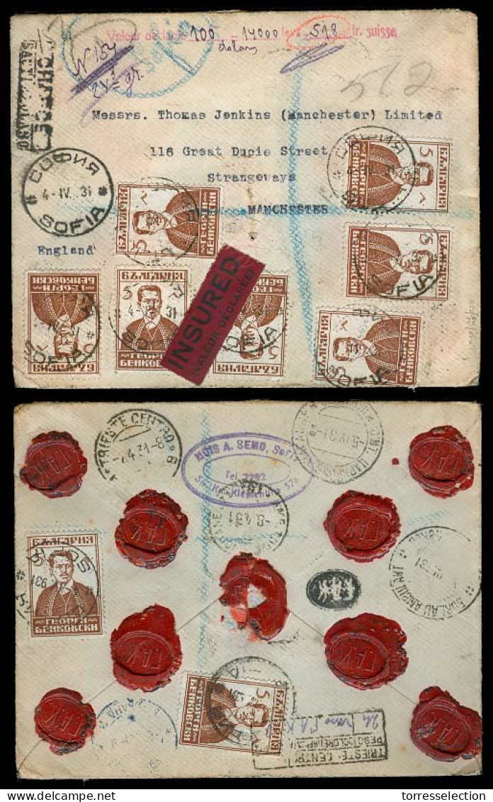 BULGARIA. 1931 (4 April). Sofia - UK. Reg Multifkd Env Incl Red Label + Special Red Cachet. V Scarce. - Altri & Non Classificati